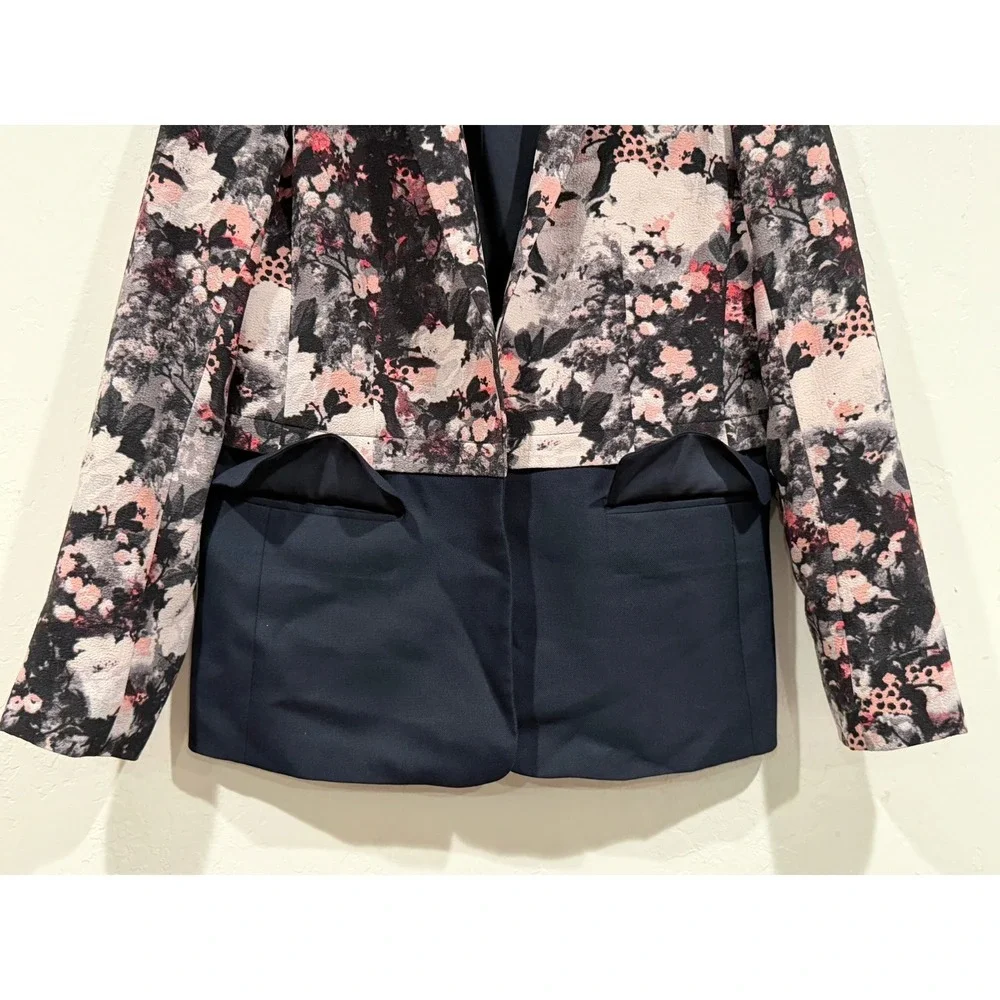 Club Monaco Floral Jacquard Mixed Media Navy Wool Blend Blazer 10 00701712